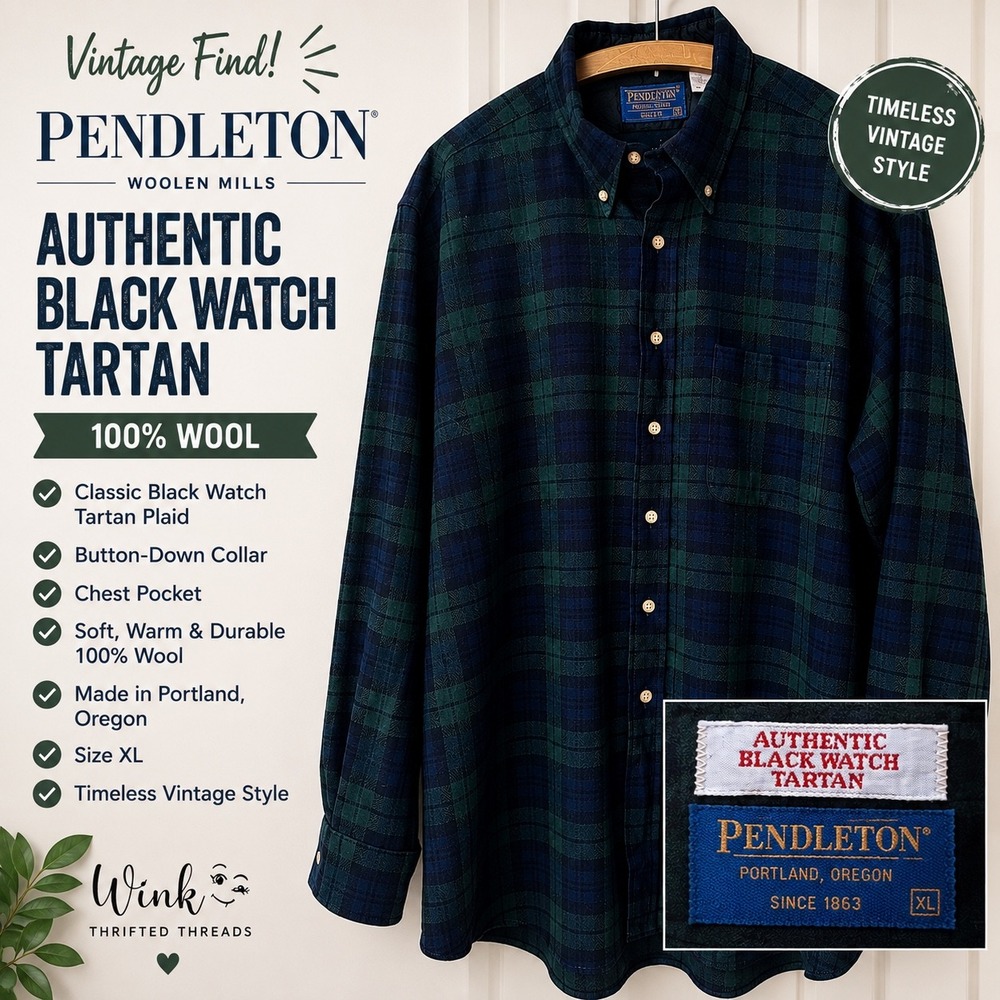 Pendleton Mens XL Black Watch Tartan Plaid 100% Wool Button Down Shirt Vintage